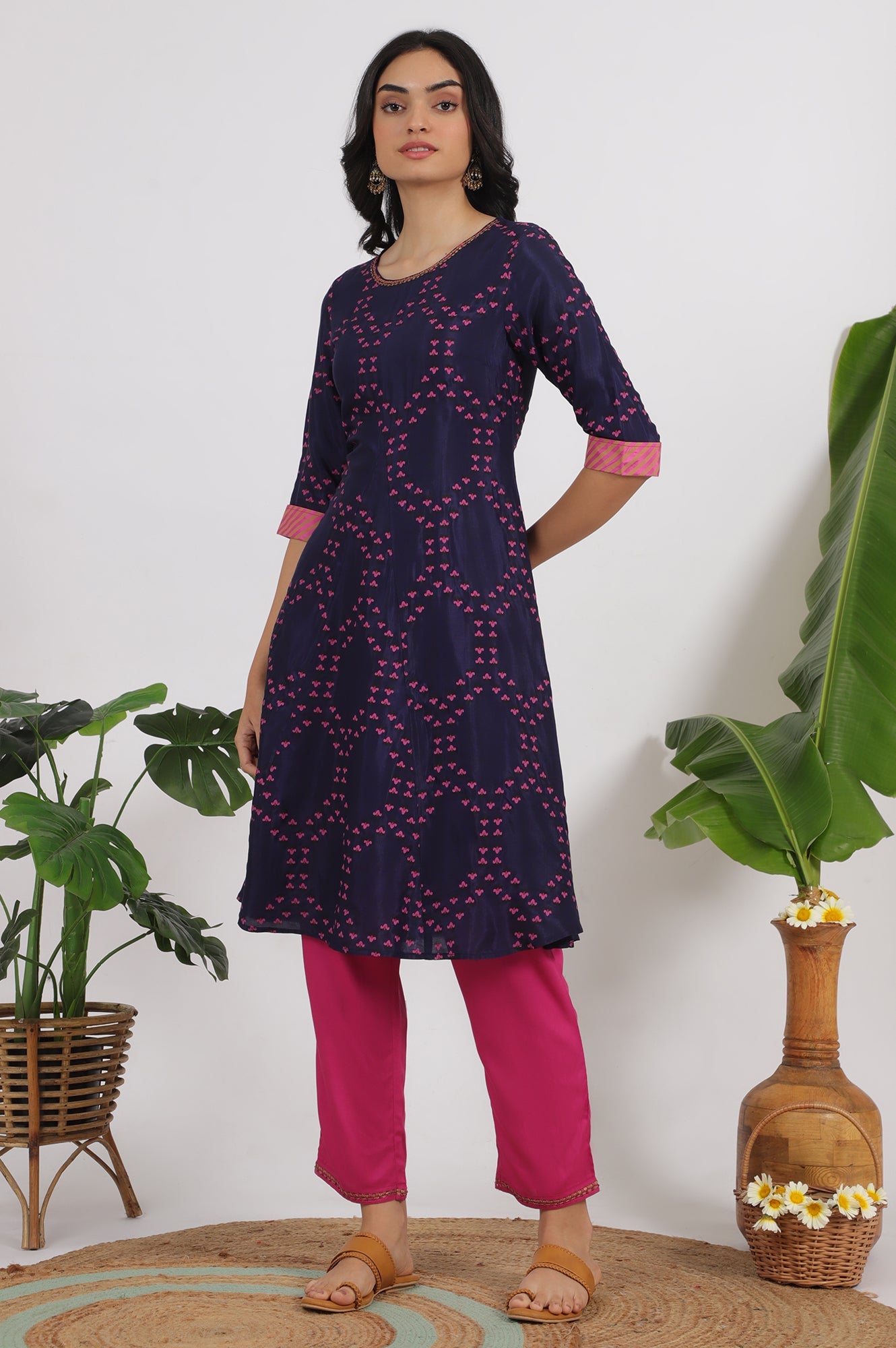 Blue Floral Printed Straight Shantung Kurta