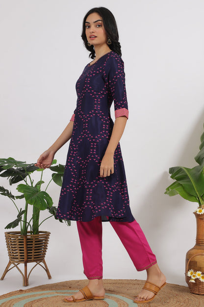 Blue Floral Printed Straight Shantung Kurta
