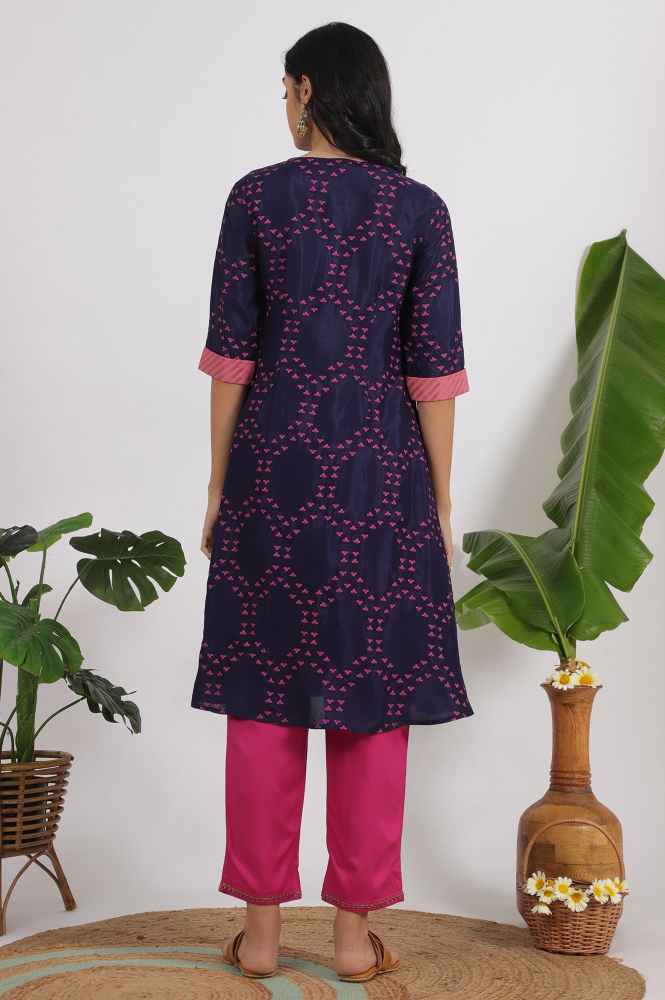 Blue Floral Printed Straight Shantung Kurta