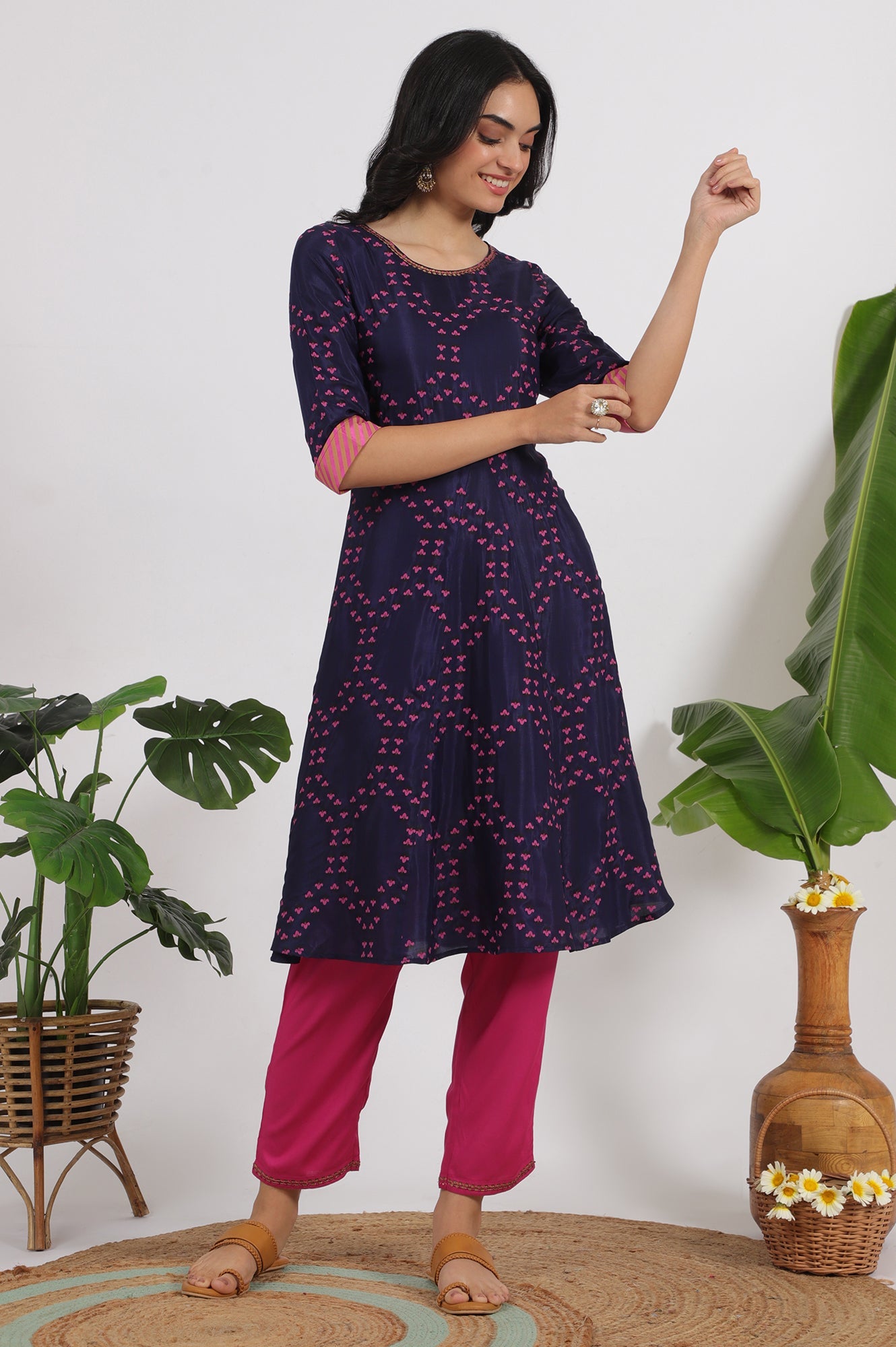 Blue Floral Printed Straight Shantung Kurta