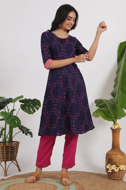 Blue Floral Printed Straight Shantung Kurta