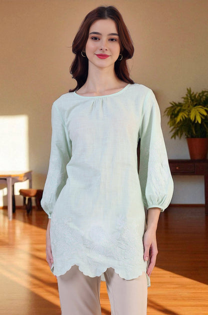 Pastel Green Slub top with Hem And Sleeve Embroidered Scalloped Detail