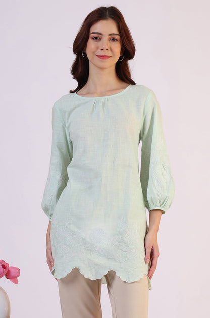 Pastel Green Slub top with Hem And Sleeve Embroidered Scalloped Detail