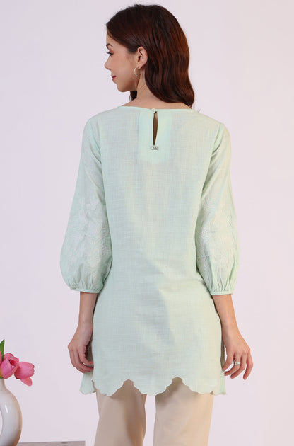 Pastel Green Slub top with Hem And Sleeve Embroidered Scalloped Detail