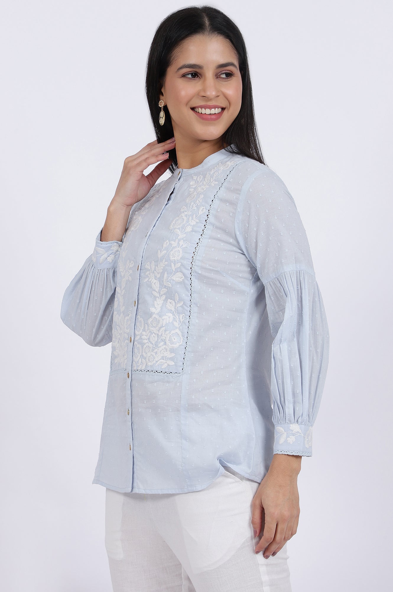 Blue Embroidered Pure Cotton Straight Top