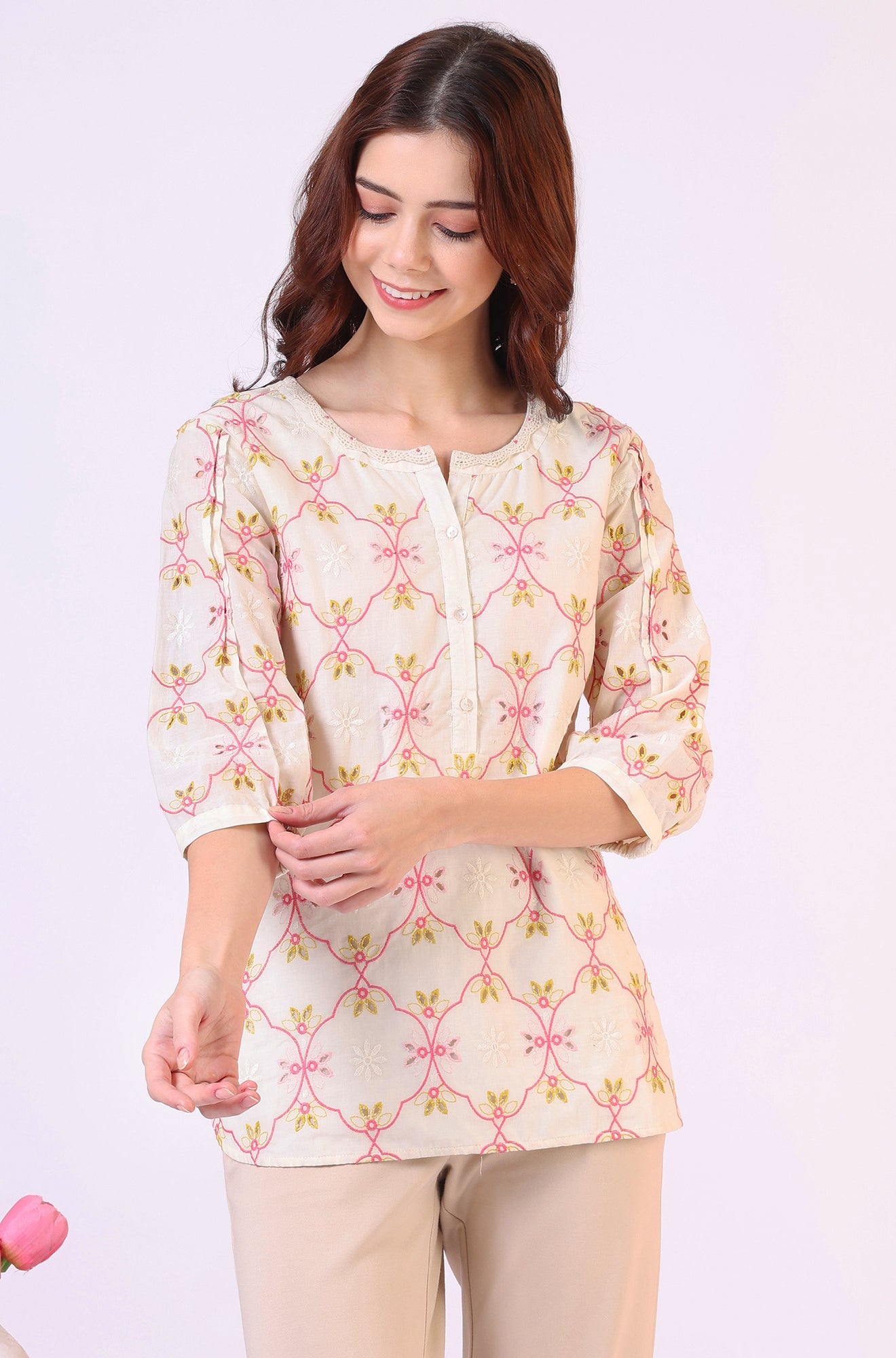 White Thread Embroidered Straight Pure Cotton Ethnic Lacetop