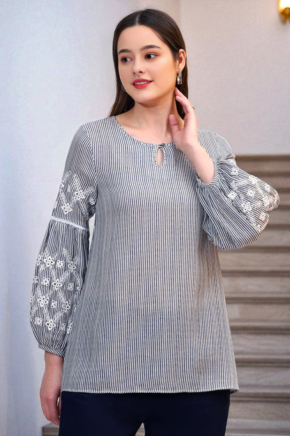 Navy and White Yarn Dyed Striped Top with Schiffli Embroidery At Sleeves