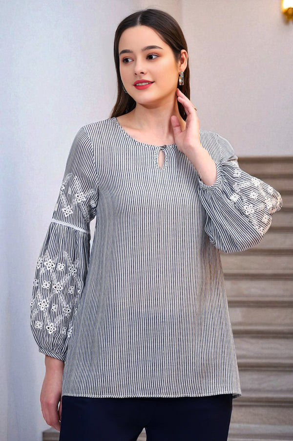 Navy and White Yarn Dyed Striped Top with Schiffli Embroidery At Sleeves