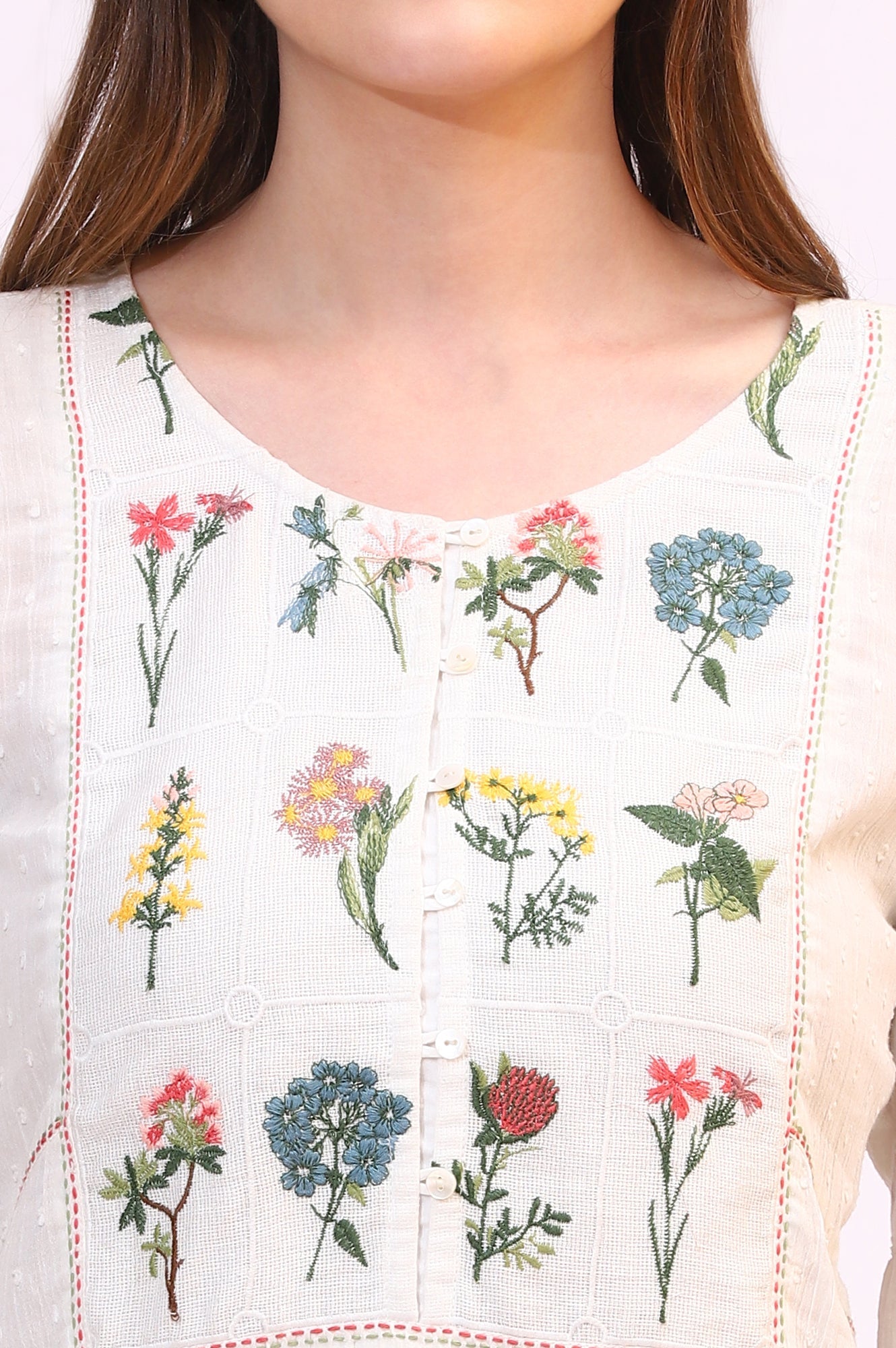 White Floral Thread Embroidered Yoke Textured Top
