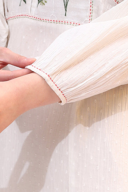 White Floral Thread Embroidered Yoke Textured Top