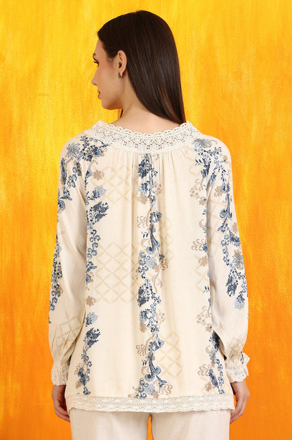Off-White Floral Printed Rayon Crepe Top with Lace