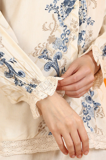 Off-White Floral Printed Rayon Crepe Top with Lace