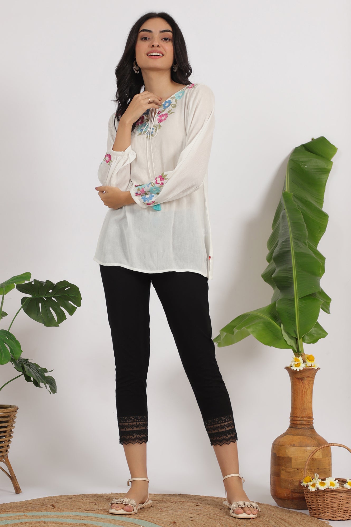White Embroidered Rayon Crepe Straight Top
