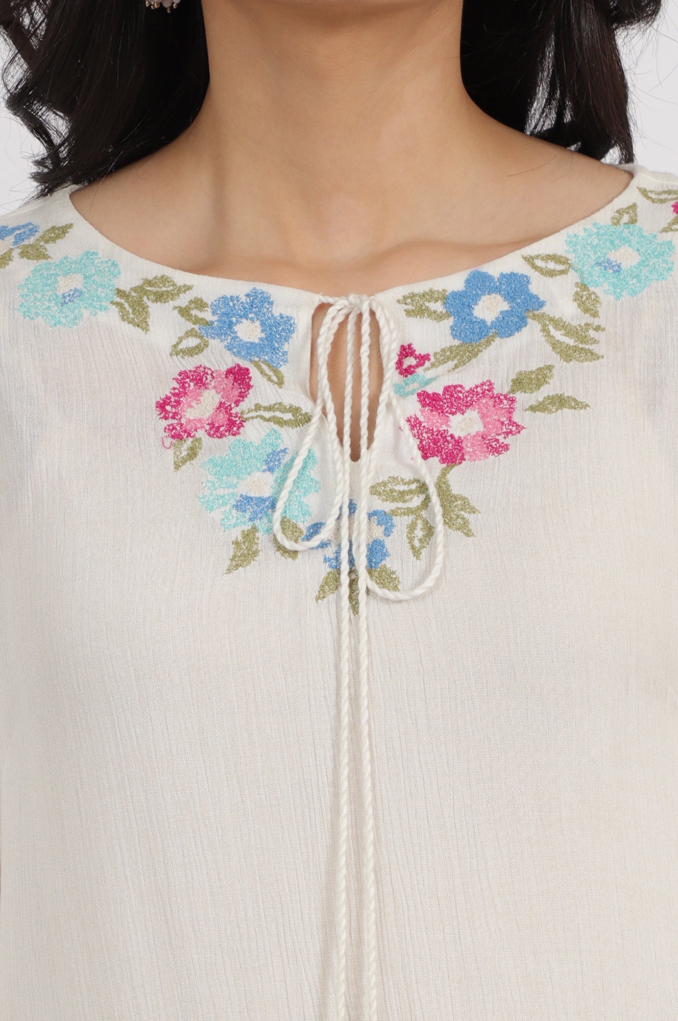 White Embroidered Rayon Crepe Straight Top
