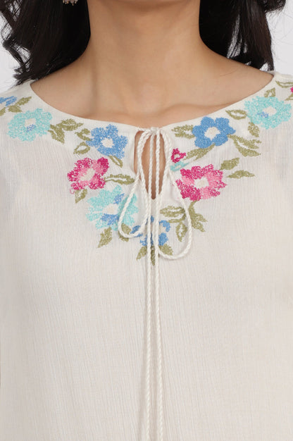 White Embroidered Rayon Crepe Straight Top