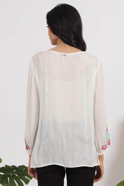 White Embroidered Rayon Crepe Straight Top