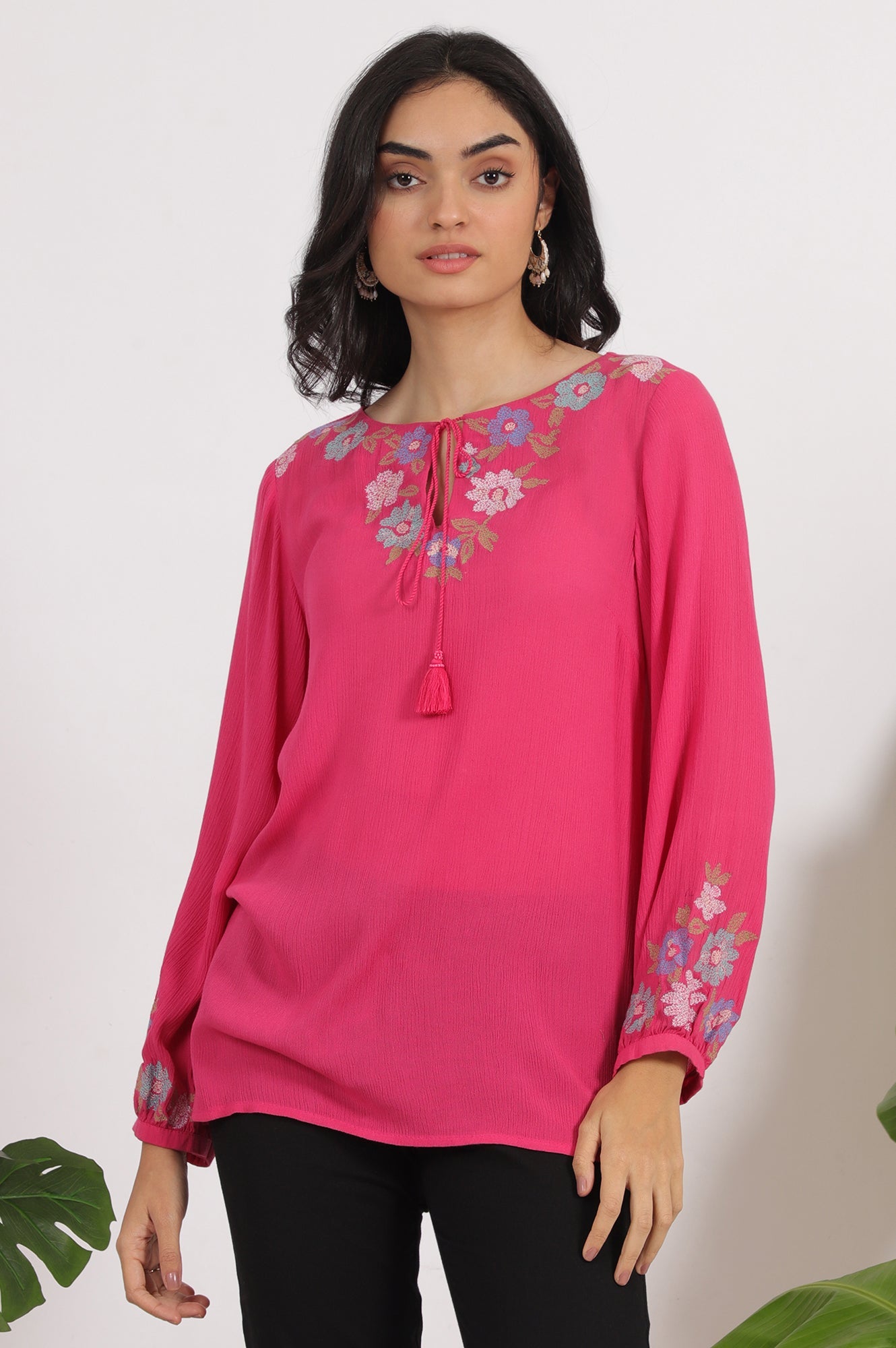Pink Embroidered Rayon Crepe Straight Top