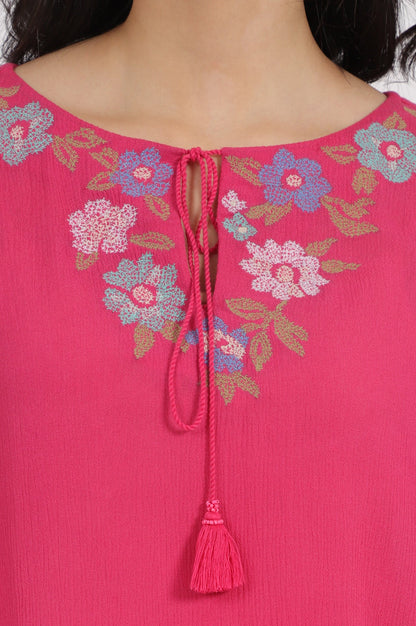 Pink Embroidered Rayon Crepe Straight Top