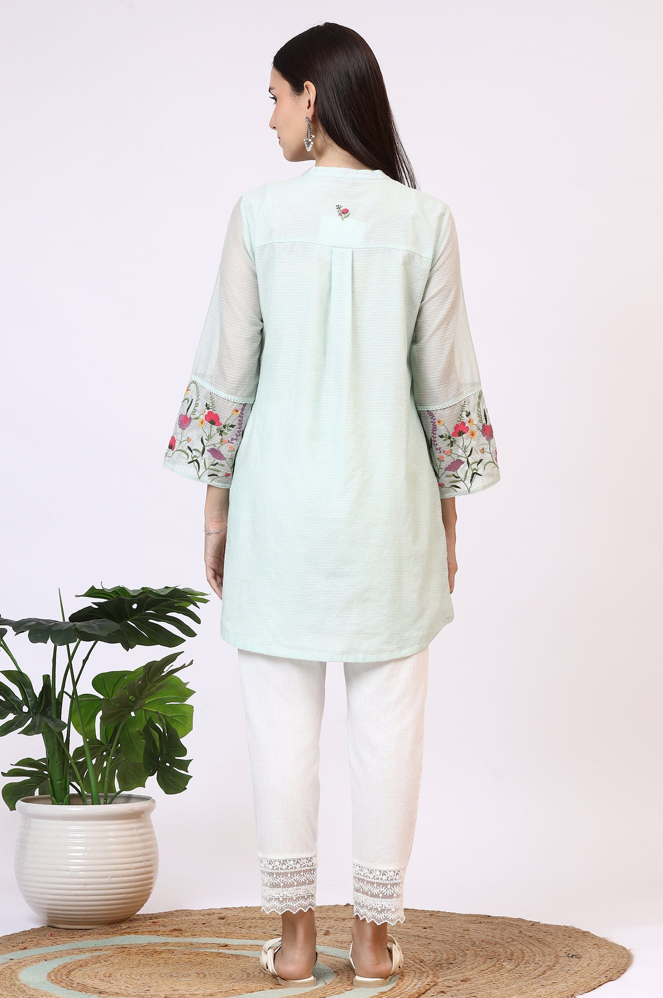 Mint Green Floral Embroidered Kota Tunic