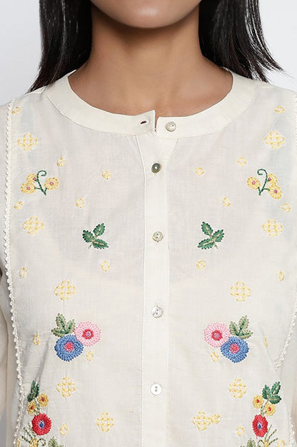 Off White Solid Printed Pure Cotton Straight Top