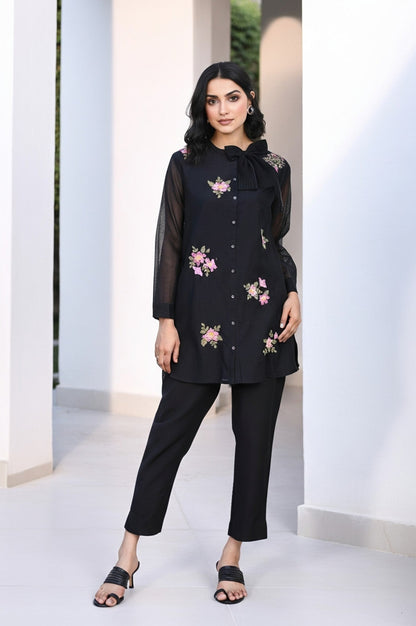 Black Embroidered Floral Thread Work Straight Kota Tunic