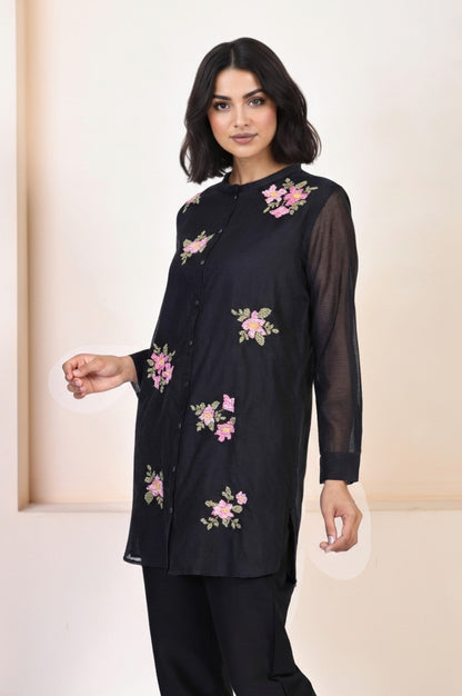 Black Embroidered Floral Thread Work Straight Kota Tunic