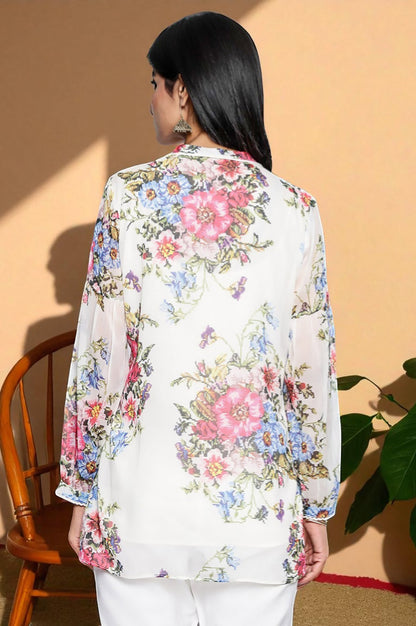 Ecru Floral Printed Chiffon Straight Top