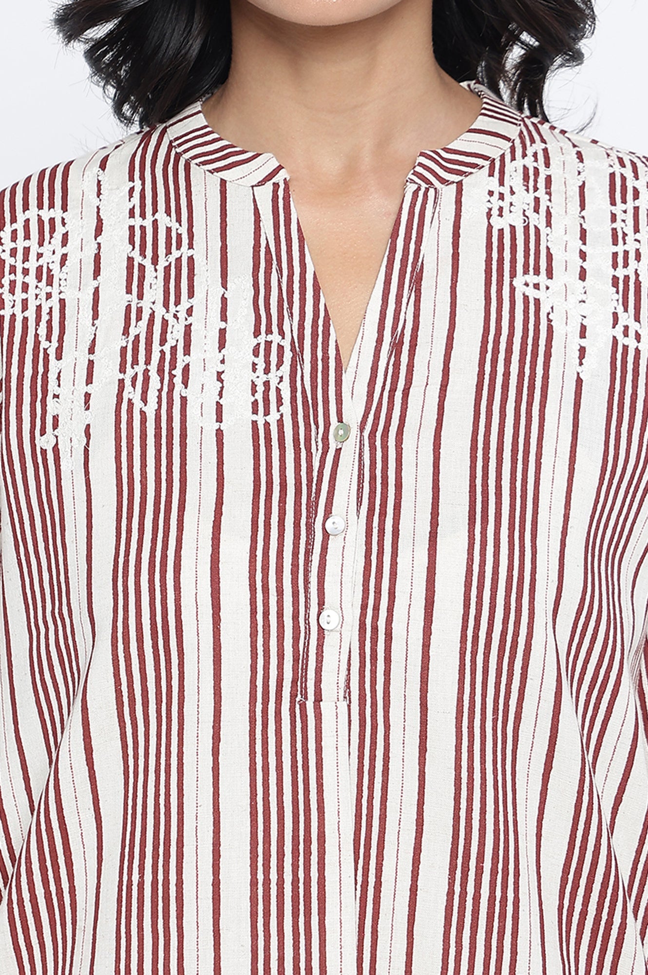 Off White Printed Cotton Flax Straight Top