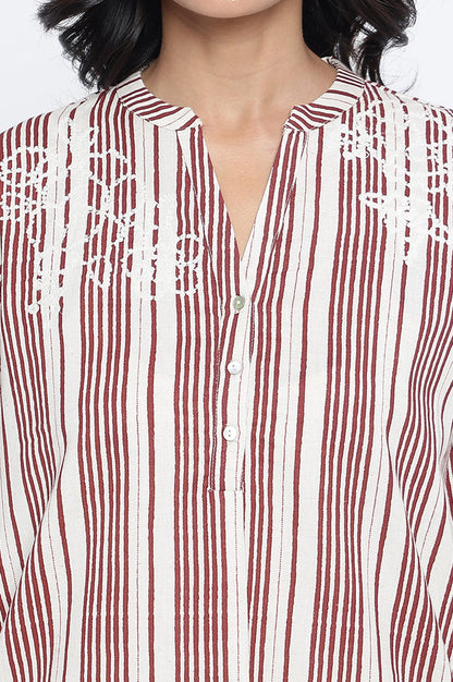 Off White Printed Cotton Flax Straight Top
