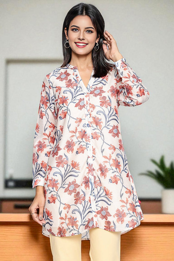 Walnut Beige Printed Chanderi Straight Tunic