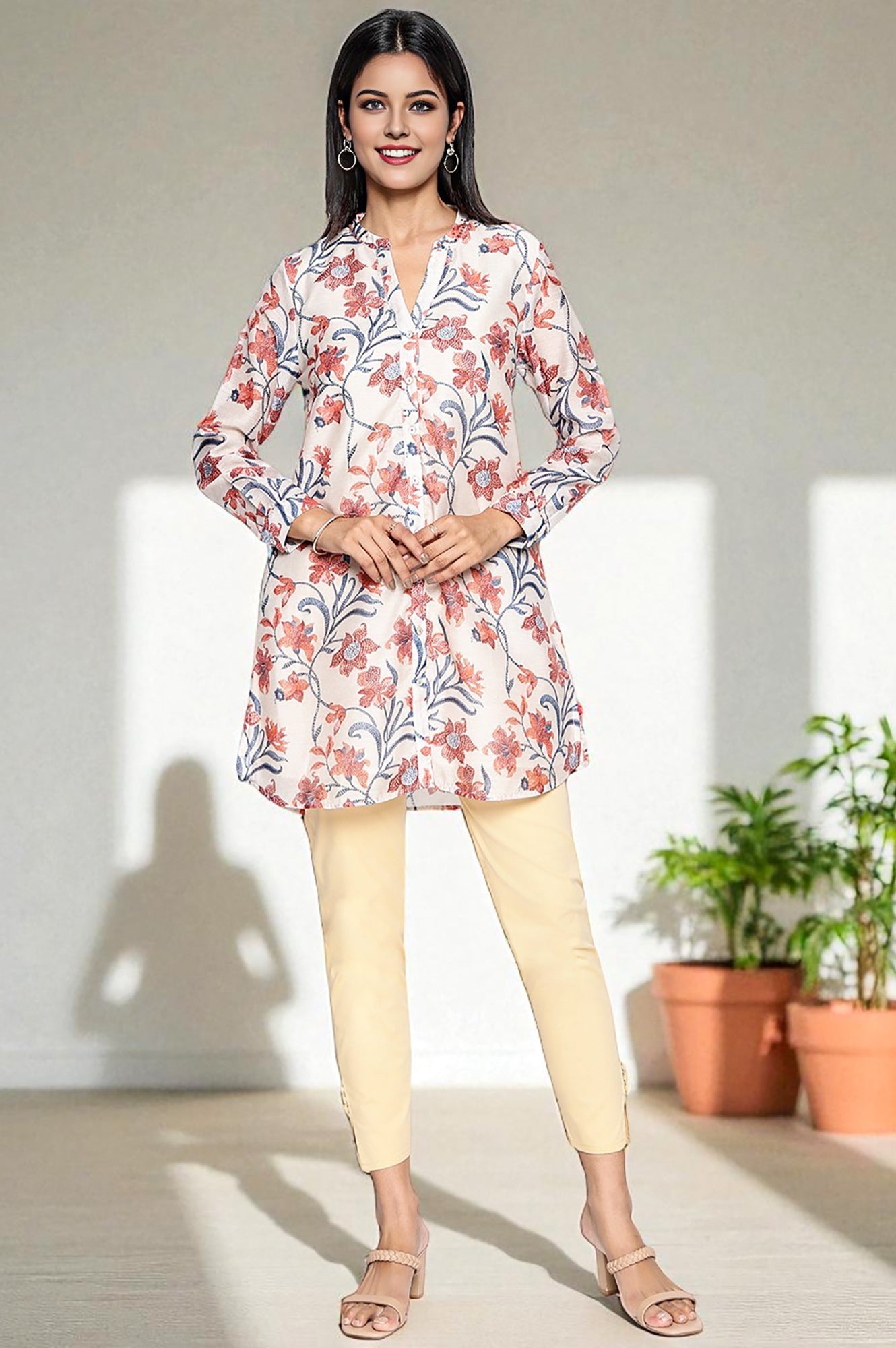Walnut Beige Printed Chanderi Straight Tunic