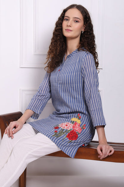 Blue Embroidered Printed Thread Embroidered Pure Cotton Tops