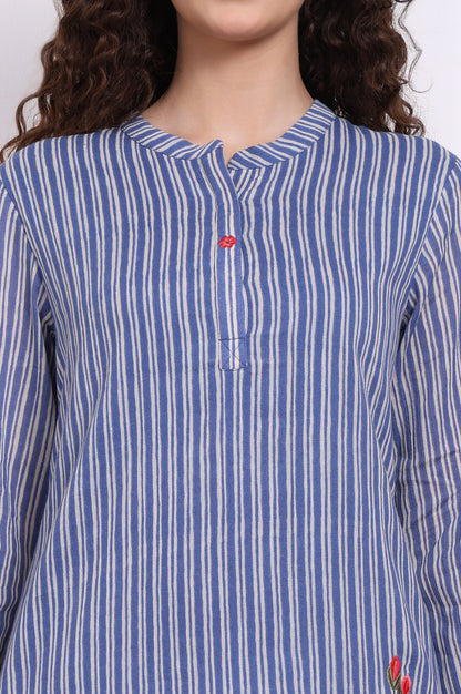 Blue Embroidered Printed Thread Embroidered Pure Cotton Tops