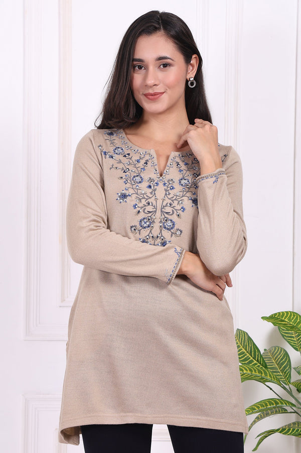 Beige Embroidered Acrylic Straight Tunic