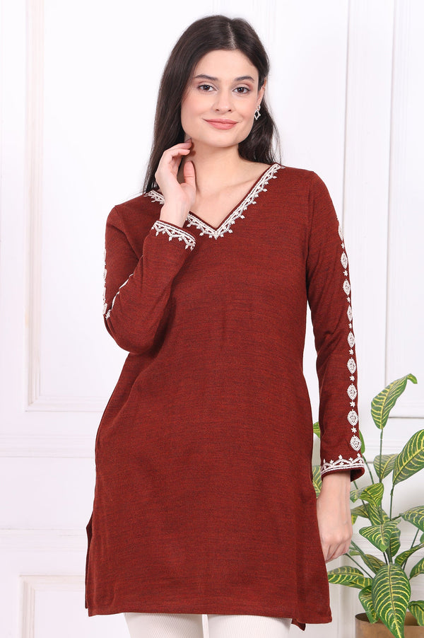 Rust Solid Thread Embroidered Acrylic Straight Tunic
