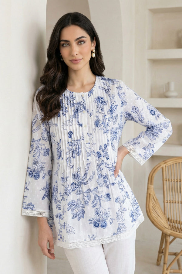 White Floral Printed Lace Pure Cotton Straight Top