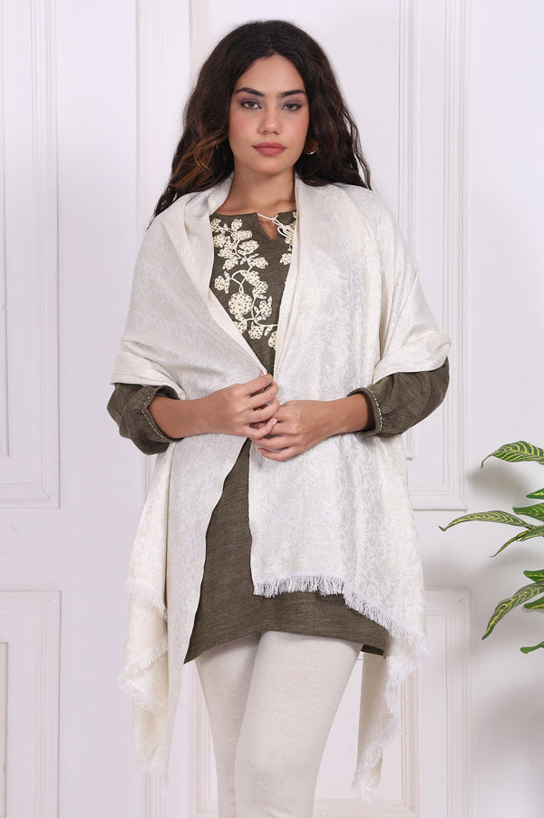 Off-White Textured Woven Design Fringed Stole