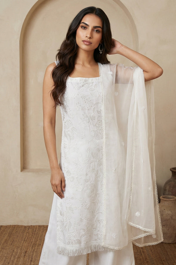 White Thread Embroidered Organza Dupatta