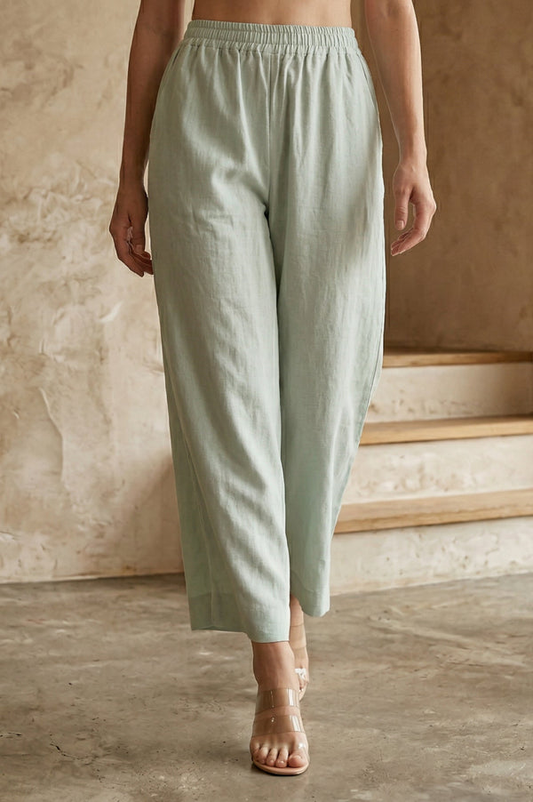 Green Solid Rayon Wide Leg Flared Pants