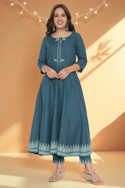 Teal Printed Rayon Kurta and Straight Pant Set
