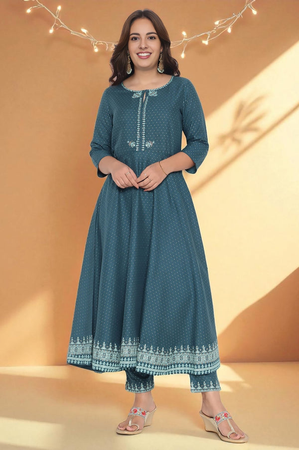 Teal Printed Rayon Kurta and Straight Pant Set