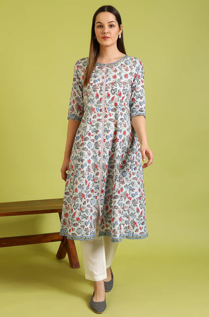 Light Blue Floral Printed Pure Cotton Anarkali Kurta and Pants Set