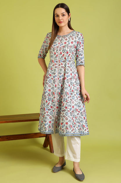 Light Blue Floral Printed Pure Cotton Anarkali Kurta and Pants Set