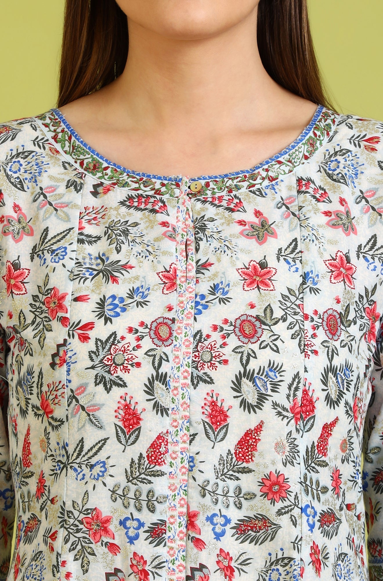 Light Blue Floral Printed Pure Cotton Anarkali Kurta and Pants Set