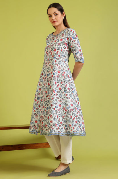 Light Blue Floral Printed Pure Cotton Anarkali Kurta and Pants Set