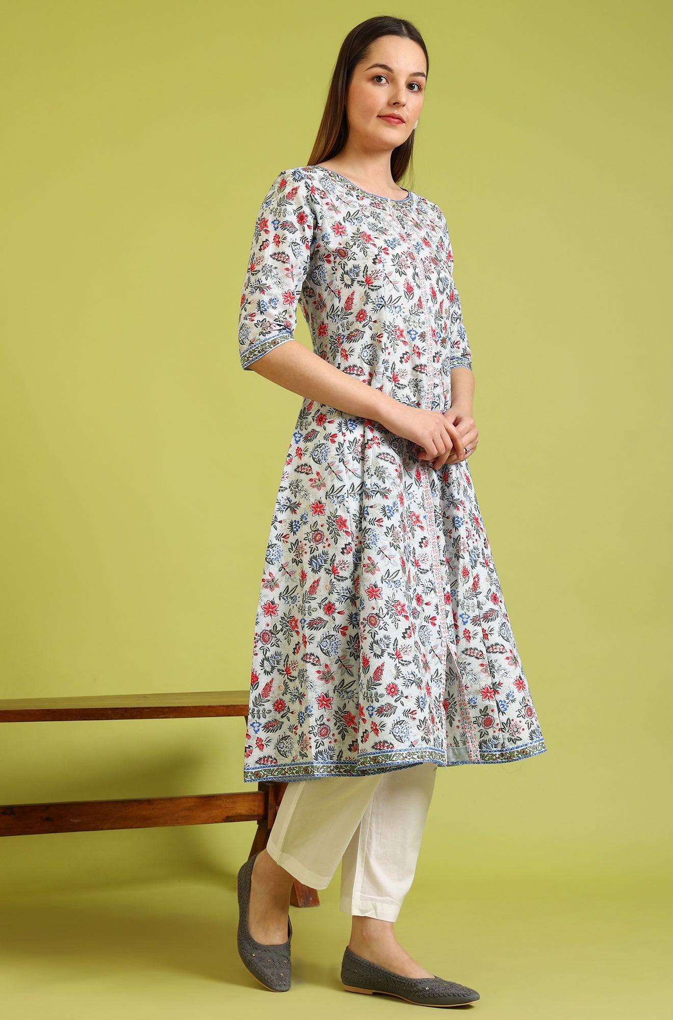 Light Blue Floral Printed Pure Cotton Anarkali Kurta and Pants Set