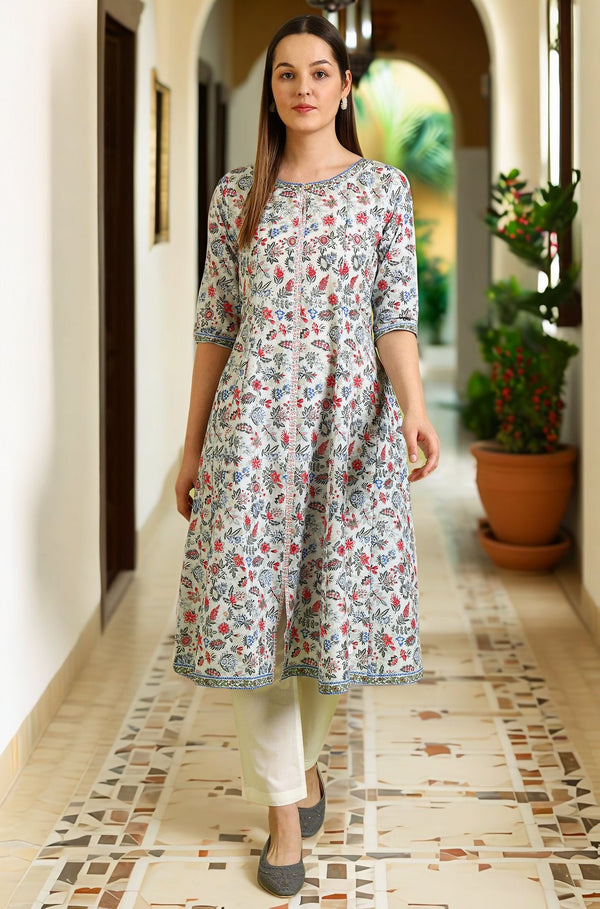 Light Blue Floral Printed Pure Cotton Anarkali Kurta and Pants Set