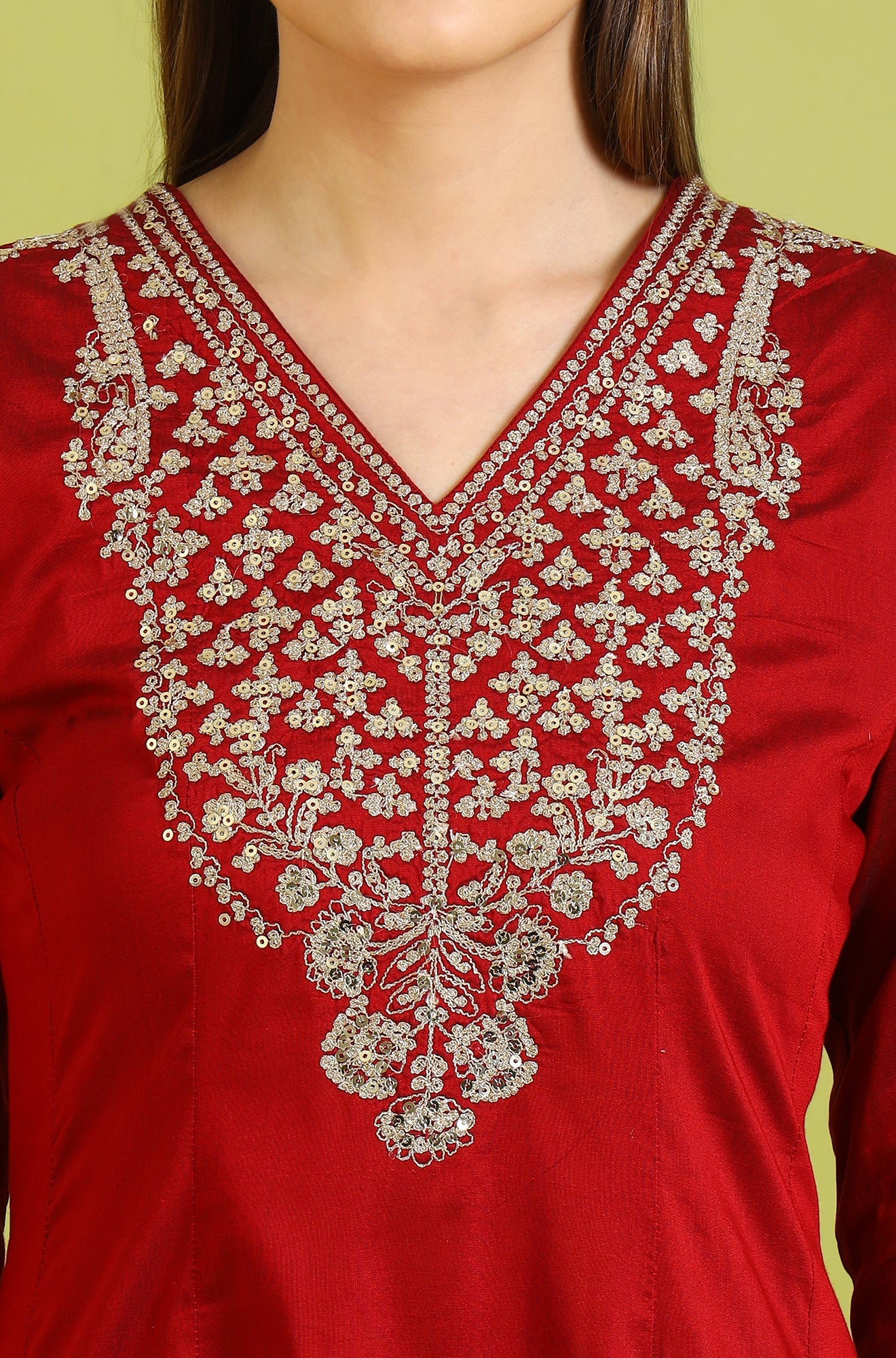 Dark Red Solid Metallic Emnbroidery Anarkali Kurta, Pants and Dupatta Set