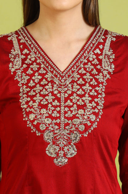 Dark Red Solid Metallic Emnbroidery Anarkali Kurta, Pants and Dupatta Set