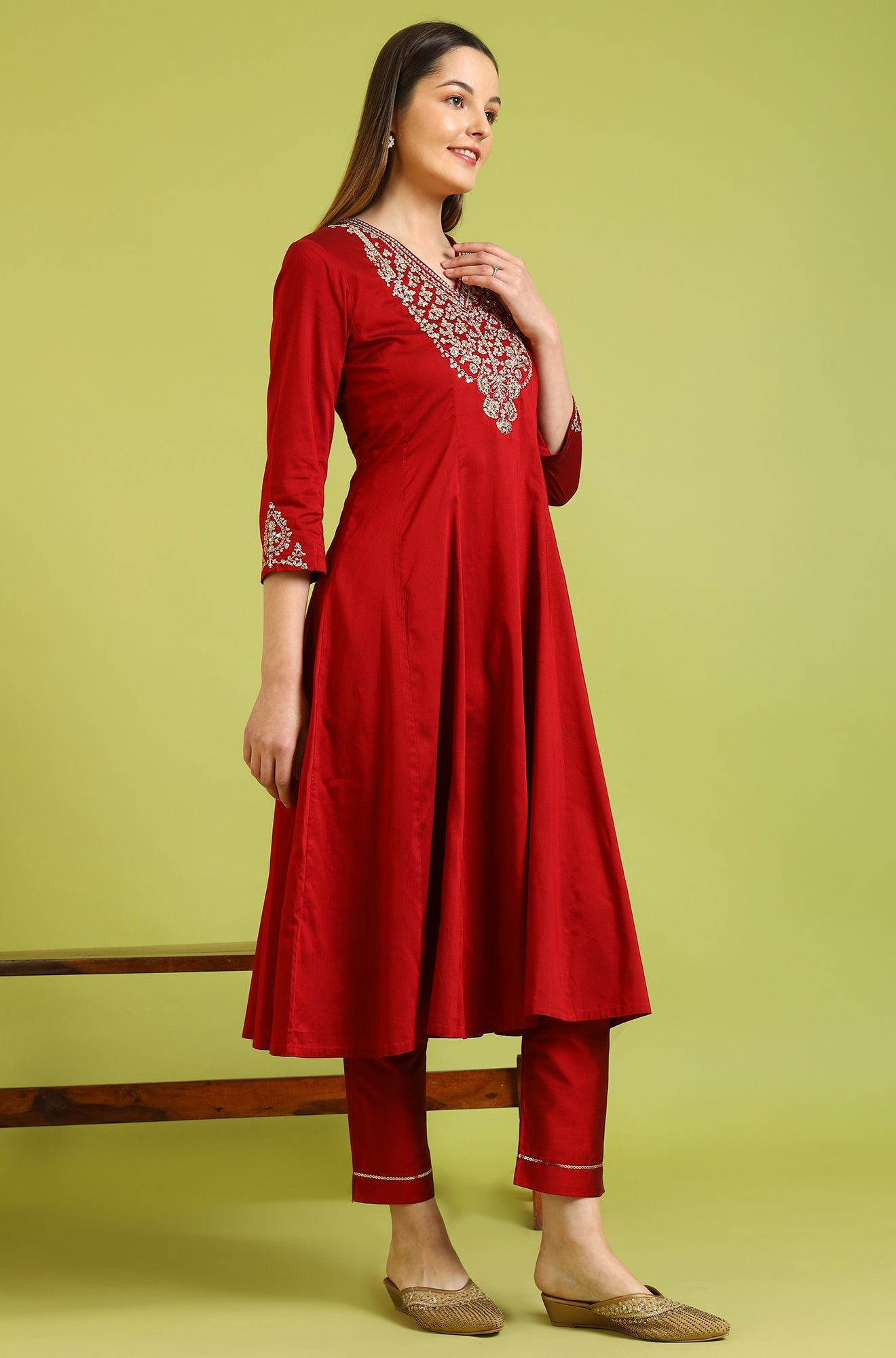 Dark Red Solid Metallic Emnbroidery Anarkali Kurta, Pants and Dupatta Set